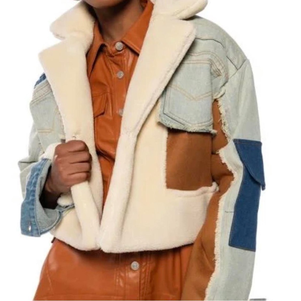 NWOT BIDA Colorblock Patchwork Denim and Faux Lambswool Shearling Jacket